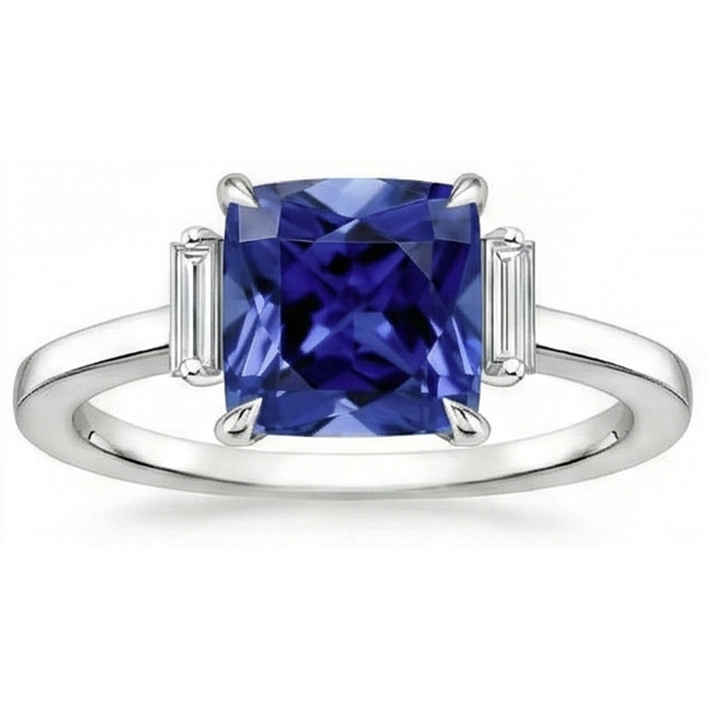 Anello con zaffiro blu 3,25 carati e tre diamanti in oro bianco 14K