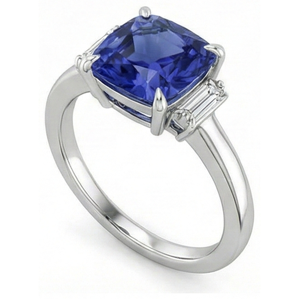 Anello con zaffiro blu 3,25 carati e tre diamanti in oro bianco 14K