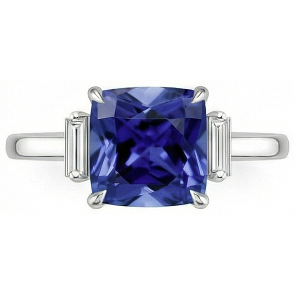 Anello con zaffiro blu 3,25 carati e tre diamanti in oro bianco 14K
