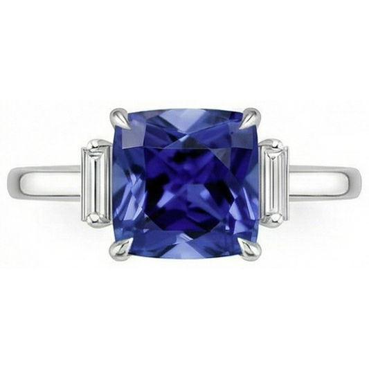 Anello con zaffiro blu 3,25 carati e tre diamanti in oro bianco 14K