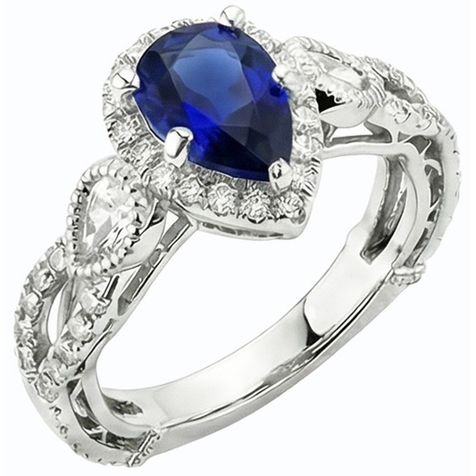 Anello con zaffiro blu 4 carati e diamanti in oro bianco 14K