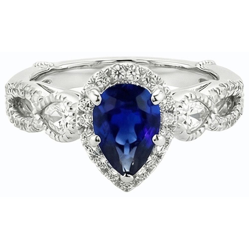 Anello con zaffiro blu 4 carati e diamanti in oro bianco 14K