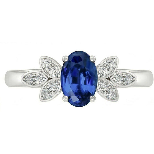 Anello con zaffiro blu Ceylon 2,85 carati e diamanti in oro bianco 14K