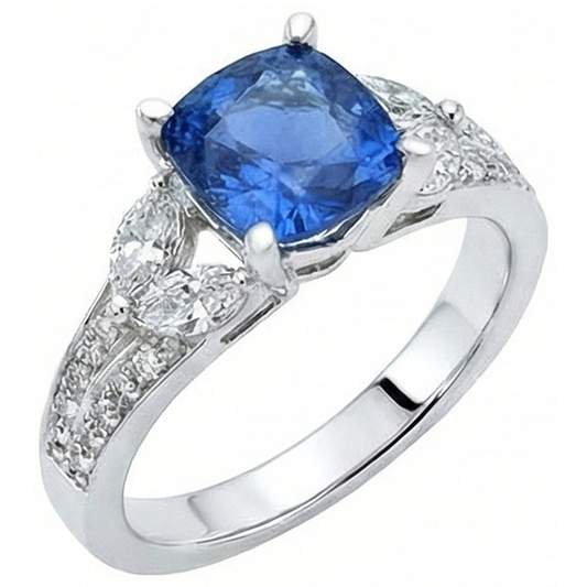 Anello con zaffiro blu Ceylon 5,10 carati e diamanti in oro bianco 14K