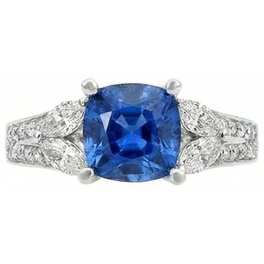 Anello con zaffiro blu Ceylon 5,10 carati e diamanti in oro bianco 14K