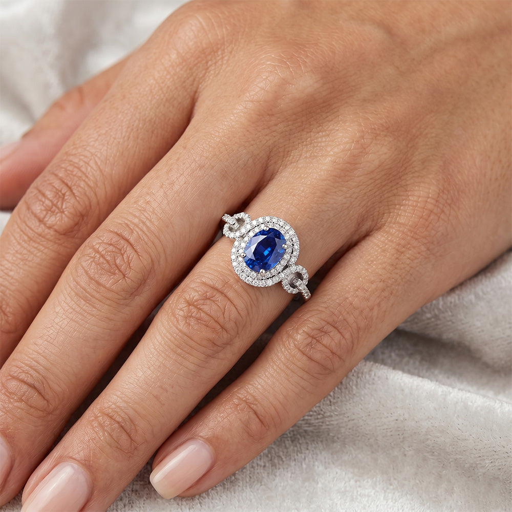 Anello con zaffiro blu Ceylon AAA 2,75 carati e diamante in oro bianco 14K