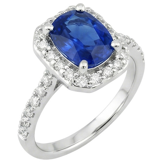 Anello con zaffiro blu Ceylon da 3,40 carati e diamanti in oro bianco 14K