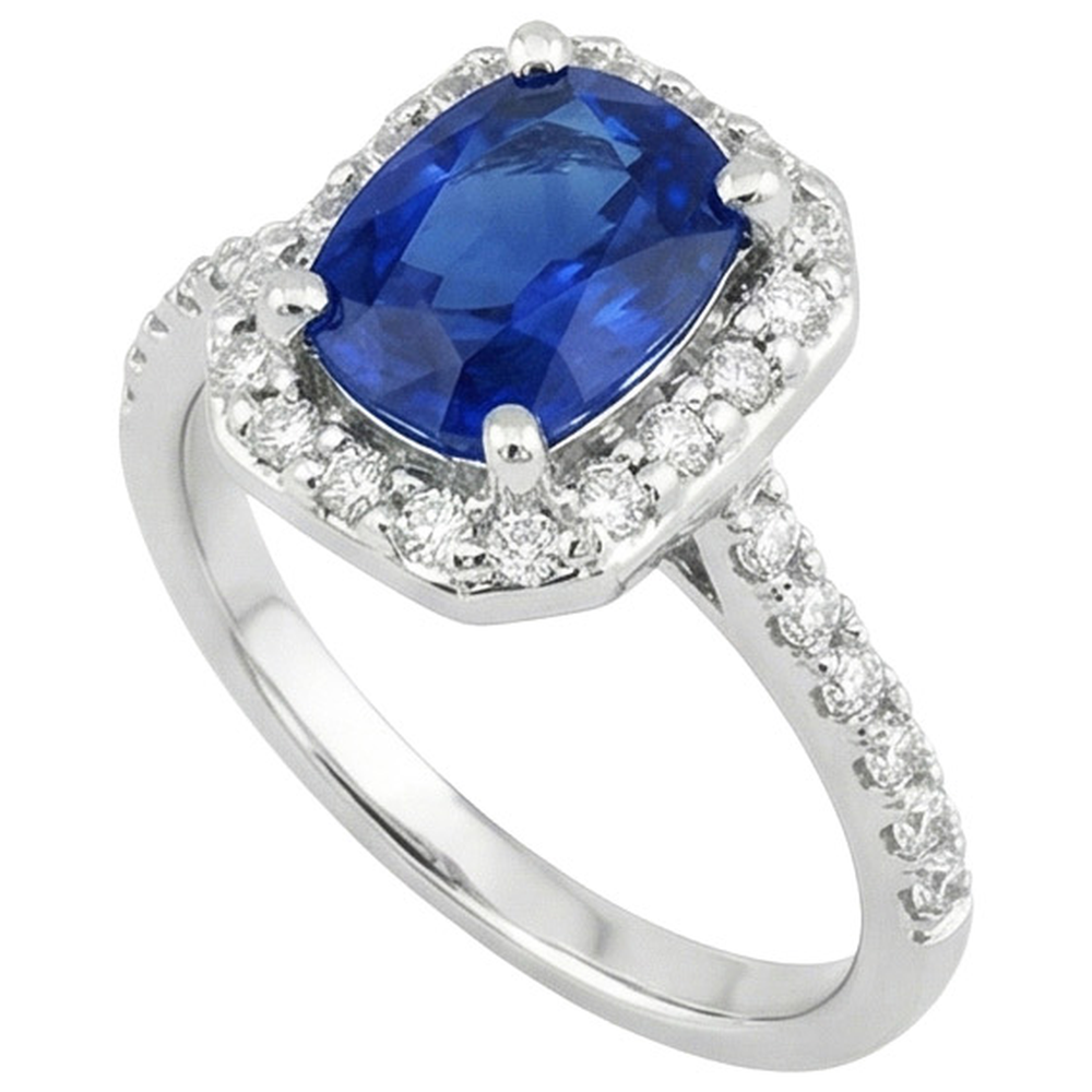 Anello con zaffiro blu Ceylon da 3,40 carati e diamanti in oro bianco 14K