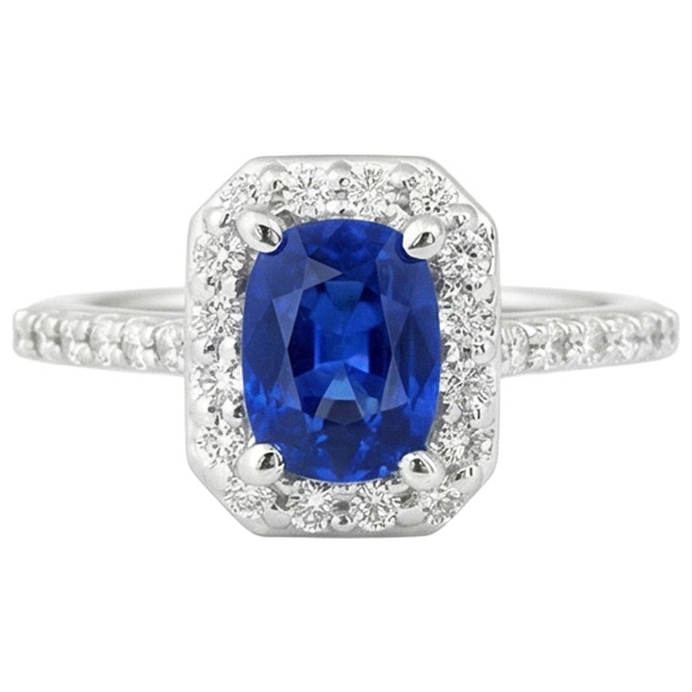 Anello con zaffiro blu Ceylon da 3,40 carati e diamanti in oro bianco 14K
