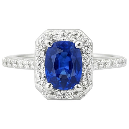 Anello con zaffiro blu Ceylon da 3,40 carati e diamanti in oro bianco 14K