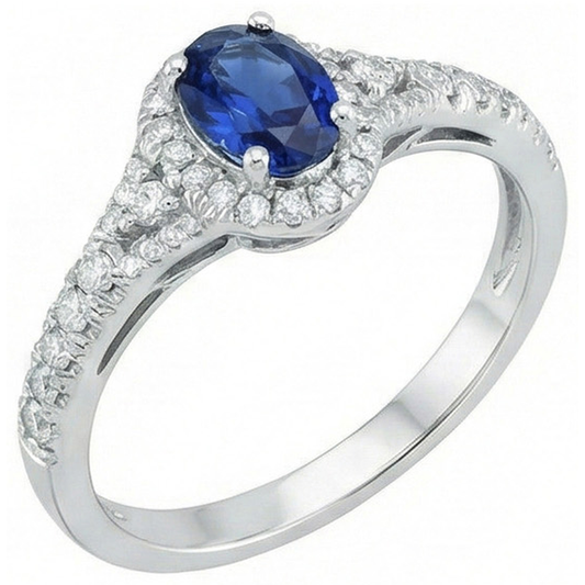 Anello con zaffiro blu Ceylon taglio ovale 3 carati e diamante in oro bianco 14K