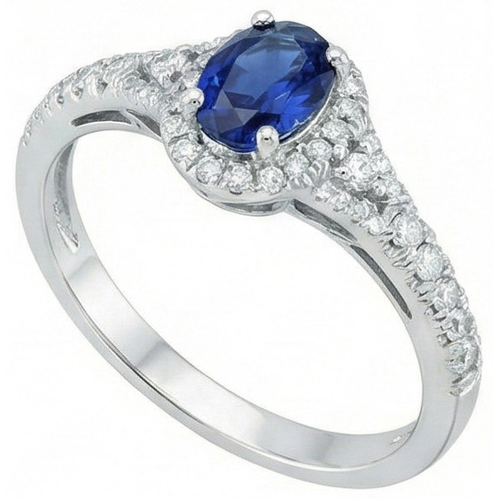 Anello con zaffiro blu Ceylon taglio ovale 3 carati e diamante in oro bianco 14K