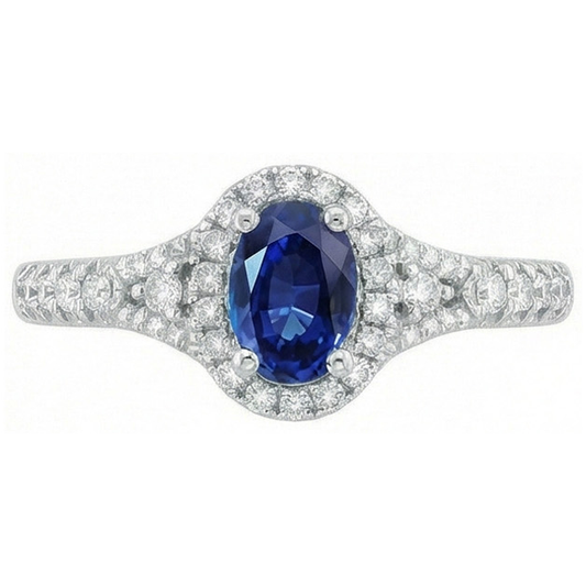 Anello con zaffiro blu Ceylon taglio ovale 3 carati e diamante in oro bianco 14K