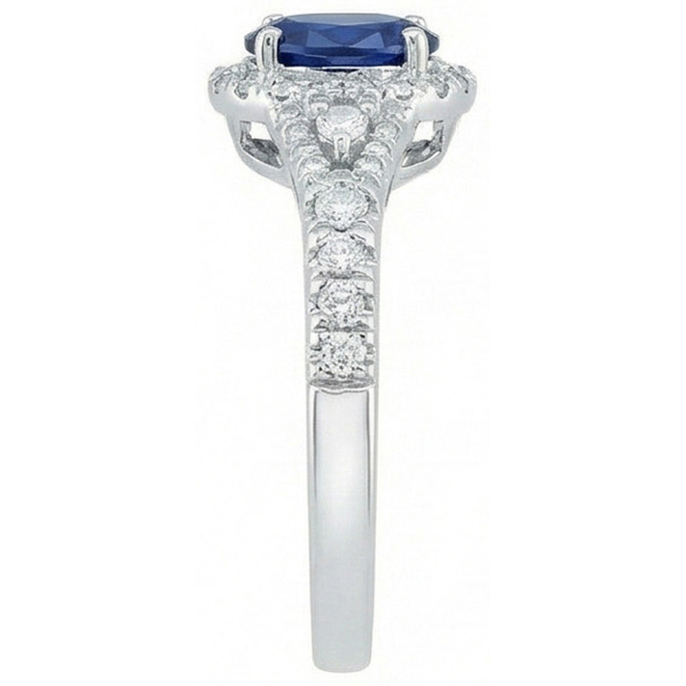 Anello con zaffiro blu Ceylon taglio ovale 3 carati e diamante in oro bianco 14K