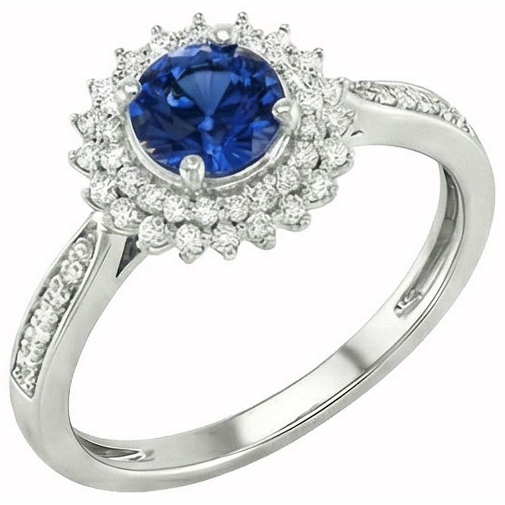 Anello con zaffiro blu Ceylon tondo da 3,10 carati e diamanti WG in oro bianco 14K