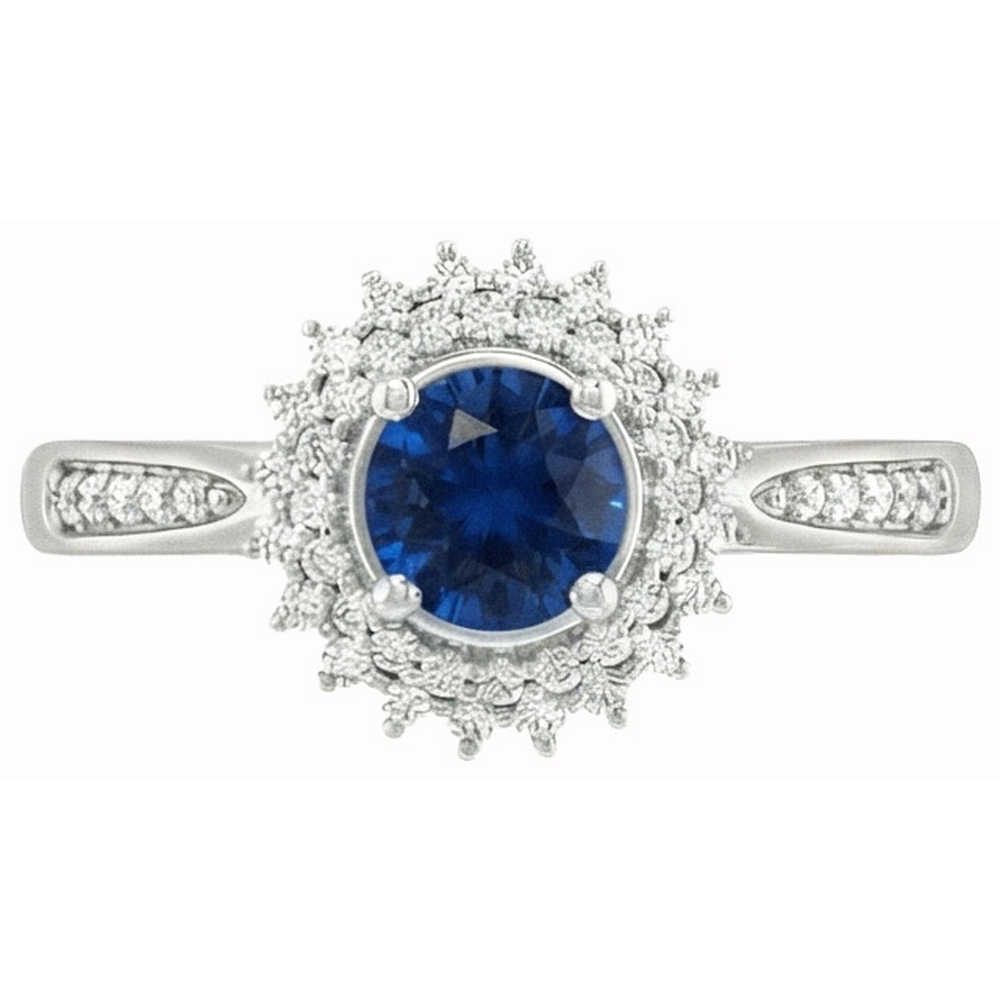 Anello con zaffiro blu Ceylon tondo da 3,10 carati e diamanti WG in oro bianco 14K