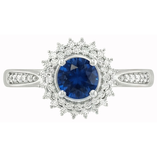 Anello con zaffiro blu Ceylon tondo da 3,10 carati e diamanti WG in oro bianco 14K