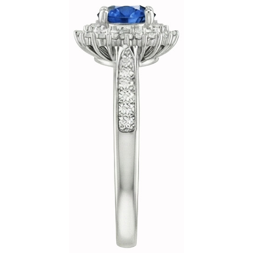 Anello con zaffiro blu Ceylon tondo da 3,10 carati e diamanti WG in oro bianco 14K