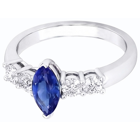 Anello con zaffiro blu Marquise e gioielli tondi da 1,50 carati e oro bianco 14K