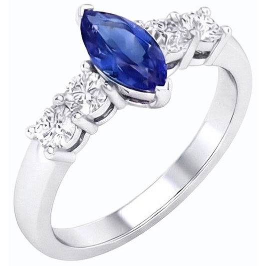 Anello con zaffiro blu Marquise e gioielli tondi da 1,50 carati e oro bianco 14K