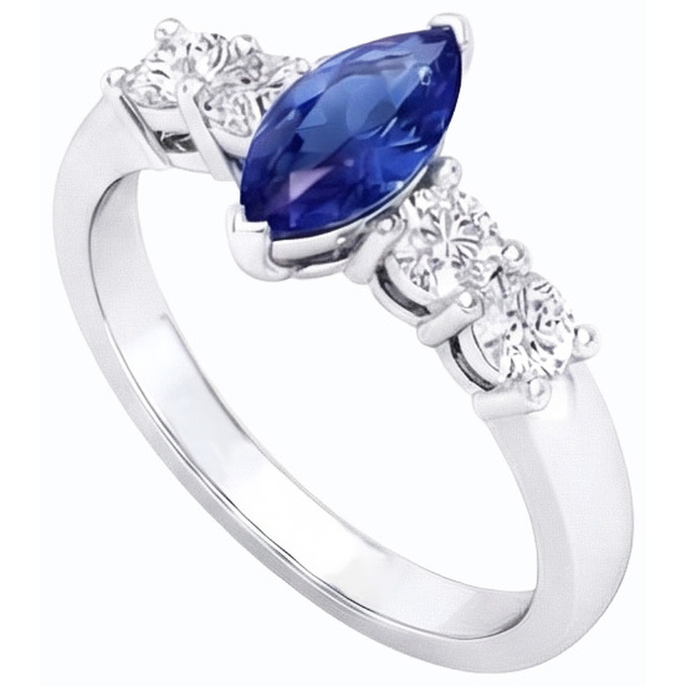 Anello con zaffiro blu Marquise e gioielli tondi da 1,50 carati e oro bianco 14K