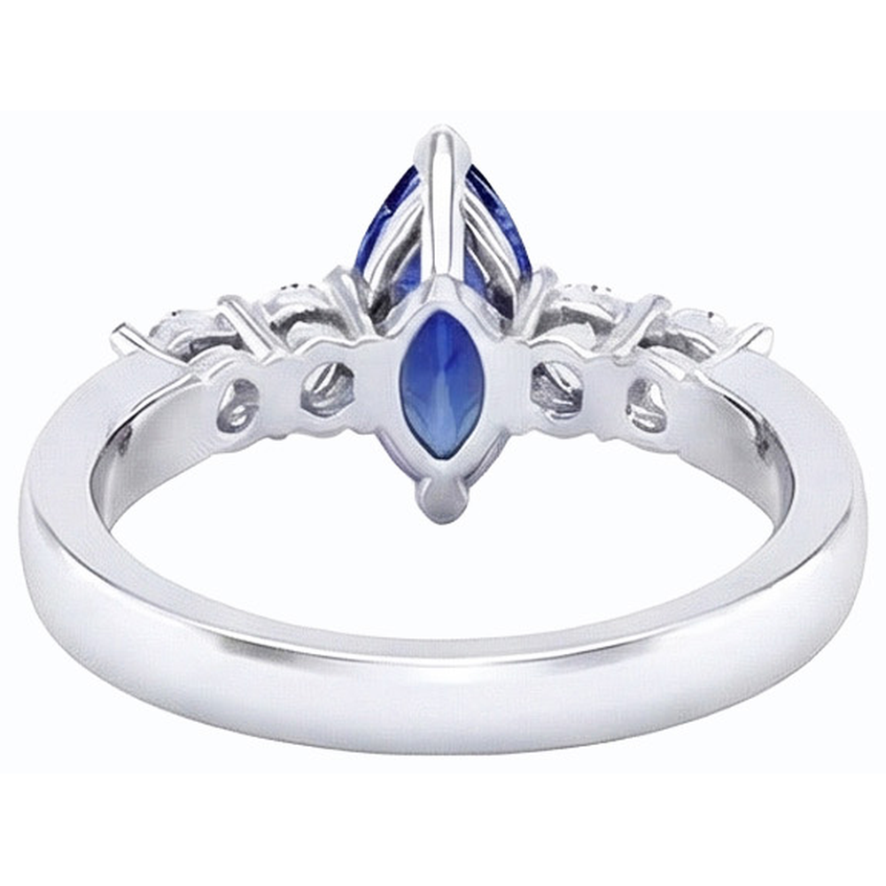 Anello con zaffiro blu Marquise e gioielli tondi da 1,50 carati e oro bianco 14K