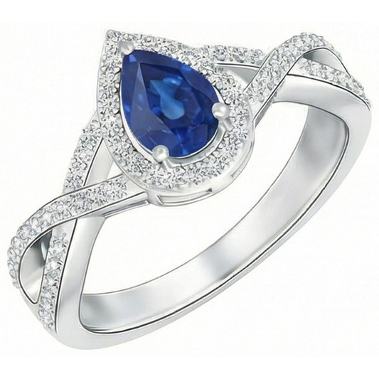 Anello con zaffiro blu Sri Lanka a pera da 4,90 carati e diamante taglio rotondo