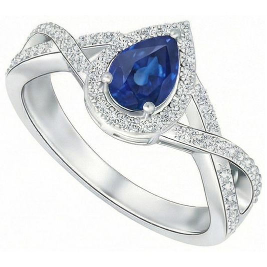 Anello con zaffiro blu Sri Lanka a pera da 4,90 carati e diamante taglio rotondo