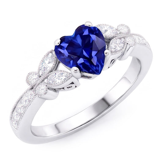 Anello con zaffiro blu a forma di cuore con diamante 2.50 carati stile farfalla