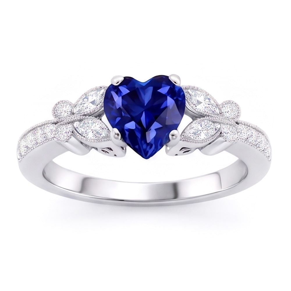 Anello con zaffiro blu a forma di cuore con diamante 2.50 carati stile farfalla