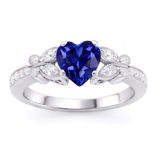 Anello con zaffiro blu a forma di cuore con diamante 2.50 carati stile farfalla