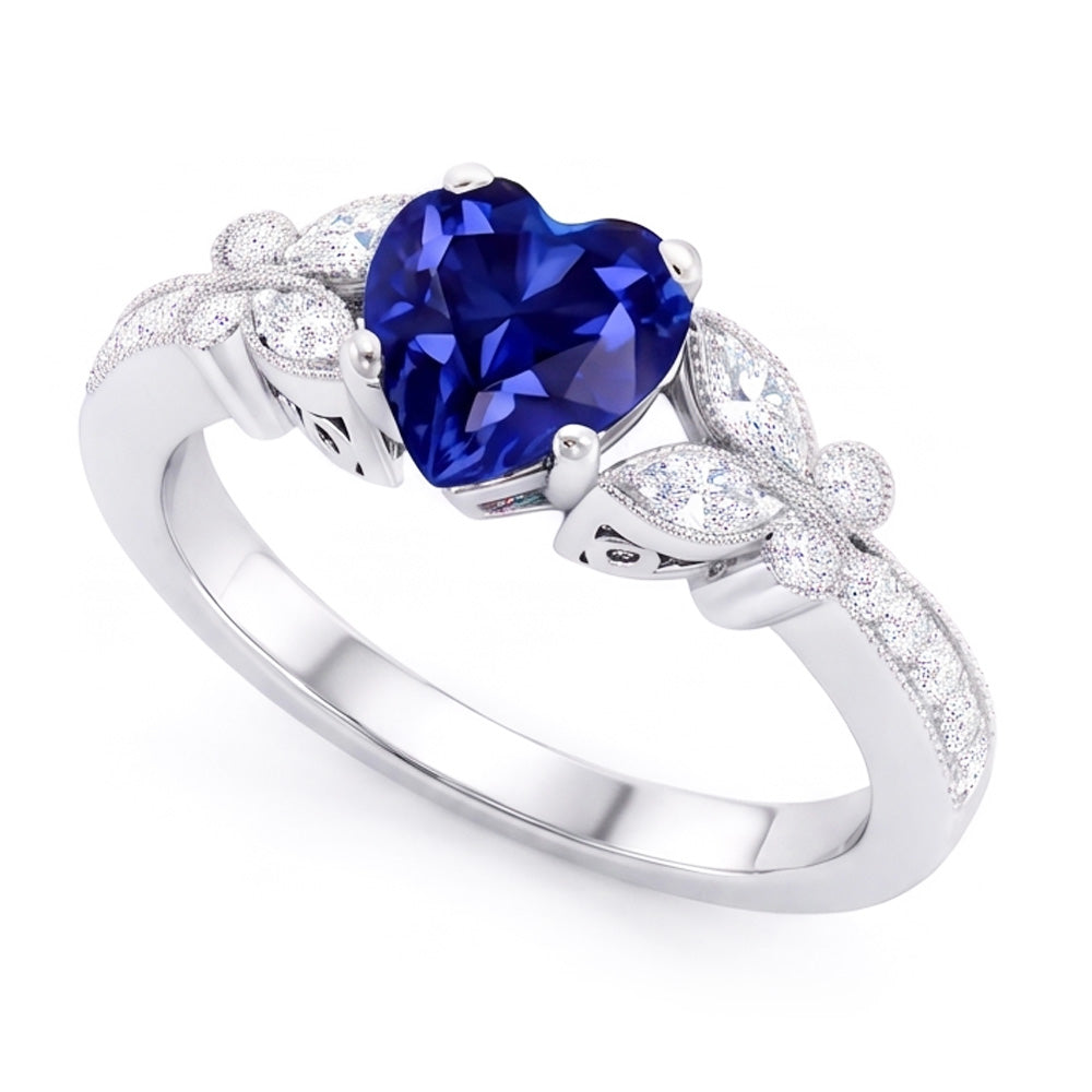 Anello con zaffiro blu a forma di cuore con diamante 2.50 carati stile farfalla