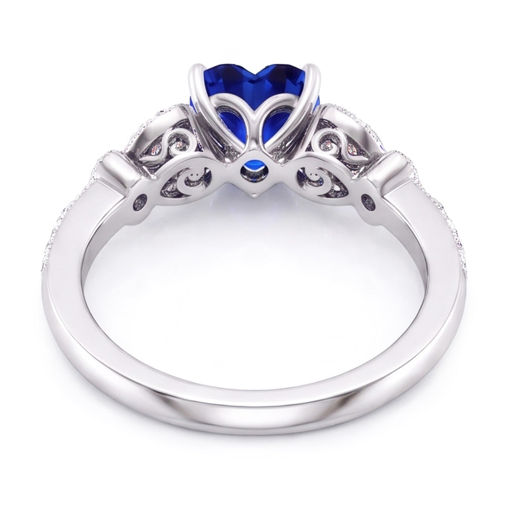 Anello con zaffiro blu a forma di cuore con diamante 2.50 carati stile farfalla