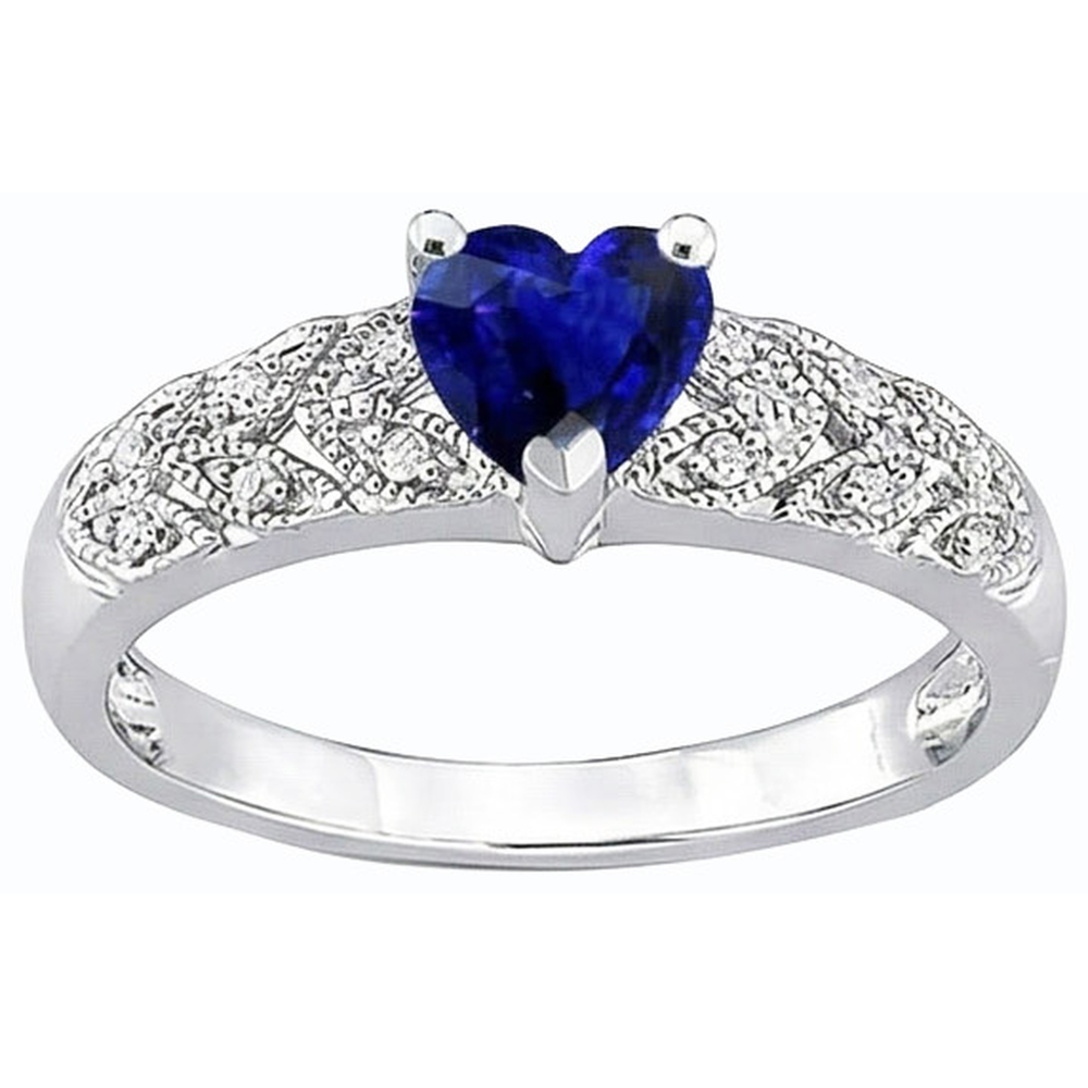 Anello con zaffiro blu a forma di cuore con diamante a forma di anello da 2.50 carati in stile foglia