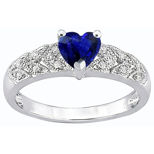 Anello con zaffiro blu a forma di cuore con diamante a forma di anello da 2.50 carati in stile foglia