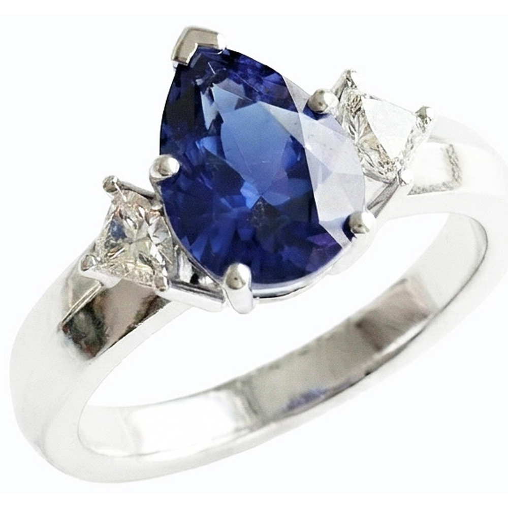 Anello con zaffiro blu a forma di pera 3 carati e diamanti princess 3 pietre in oro 14K