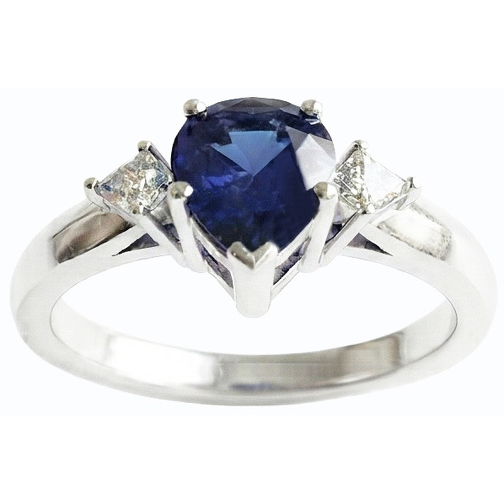 Anello con zaffiro blu a forma di pera 3 carati e diamanti princess 3 pietre in oro 14K
