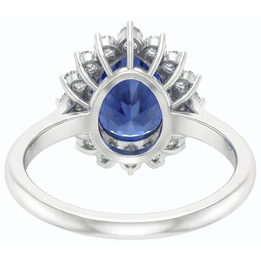 Anello con zaffiro blu a forma di pera con diamante Halo Anniversary 4.50 carati