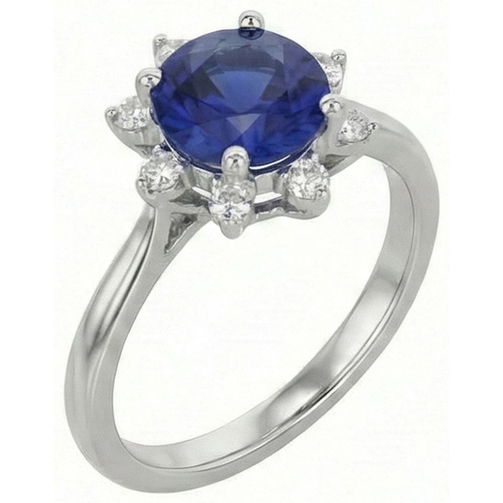 Anello con zaffiro blu a forma di stella con diamante tondo 3 carati in oro bianco