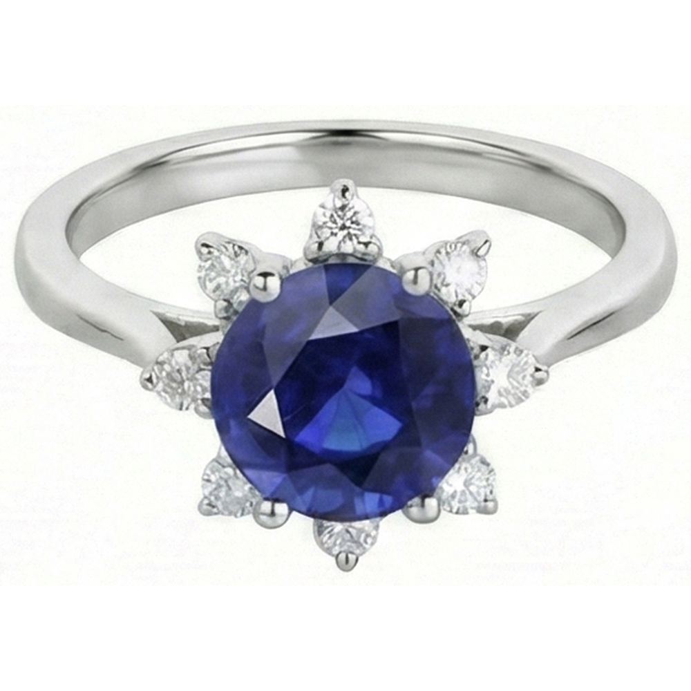 Anello con zaffiro blu a forma di stella con diamante tondo 3 carati in oro bianco