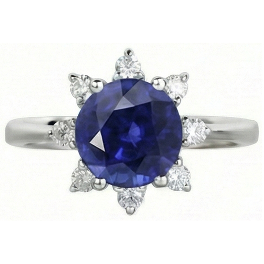 Anello con zaffiro blu a forma di stella con diamante tondo 3 carati in oro bianco