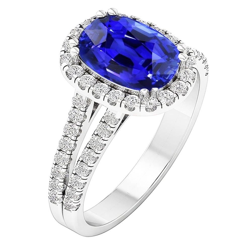 Anello con zaffiro blu a forma ovale con diamante a gambo diviso 5 carati
