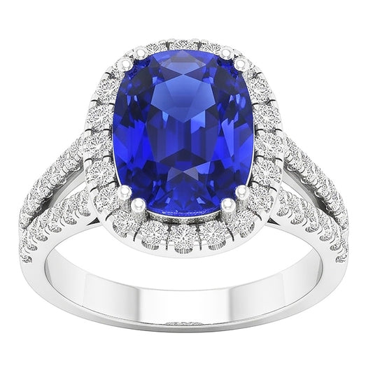 Anello con zaffiro blu a forma ovale con diamante a gambo diviso 5 carati