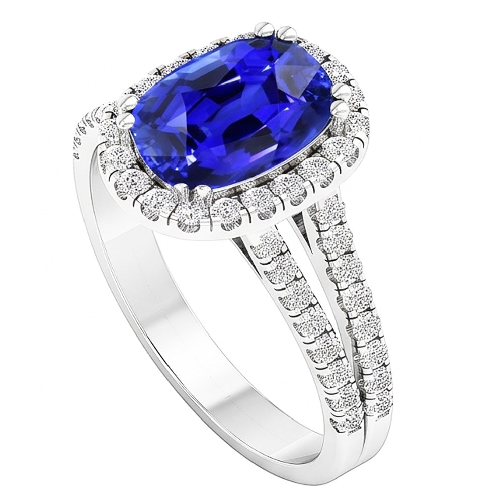 Anello con zaffiro blu a forma ovale con diamante a gambo diviso 5 carati