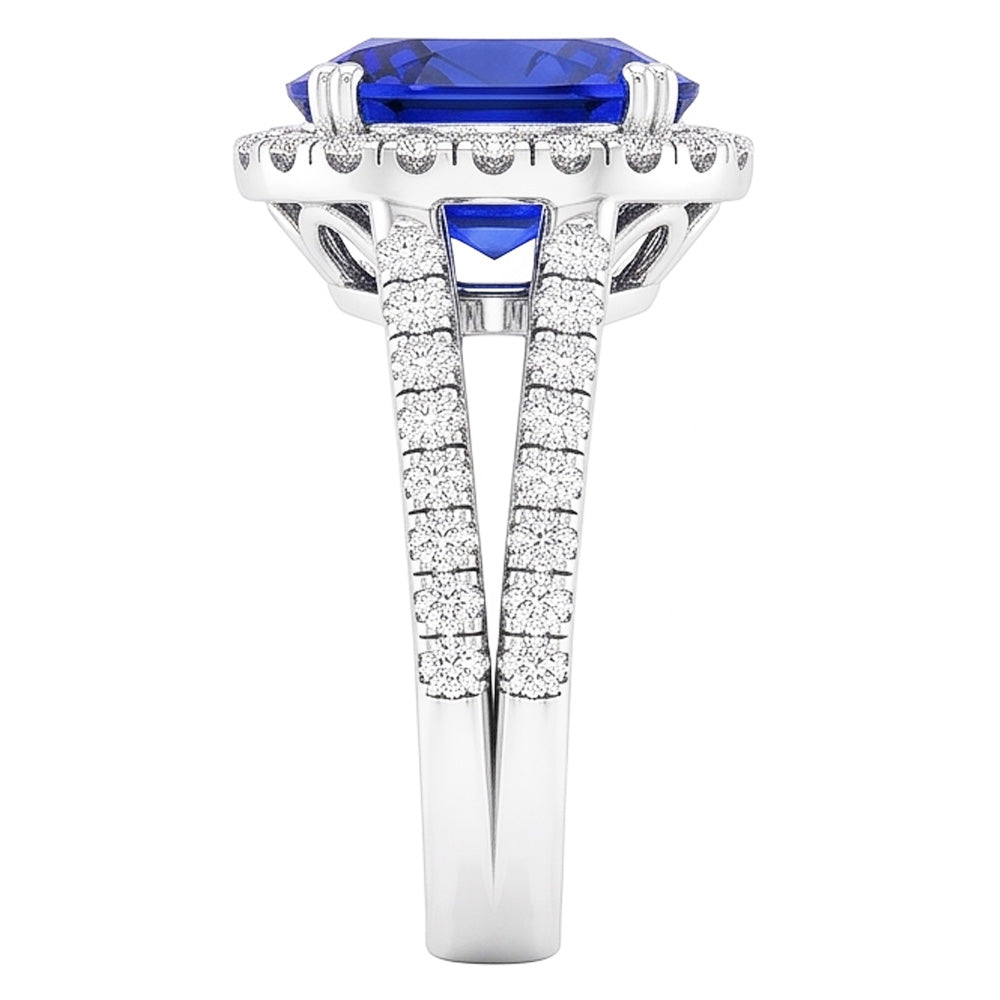 Anello con zaffiro blu a forma ovale con diamante a gambo diviso 5 carati