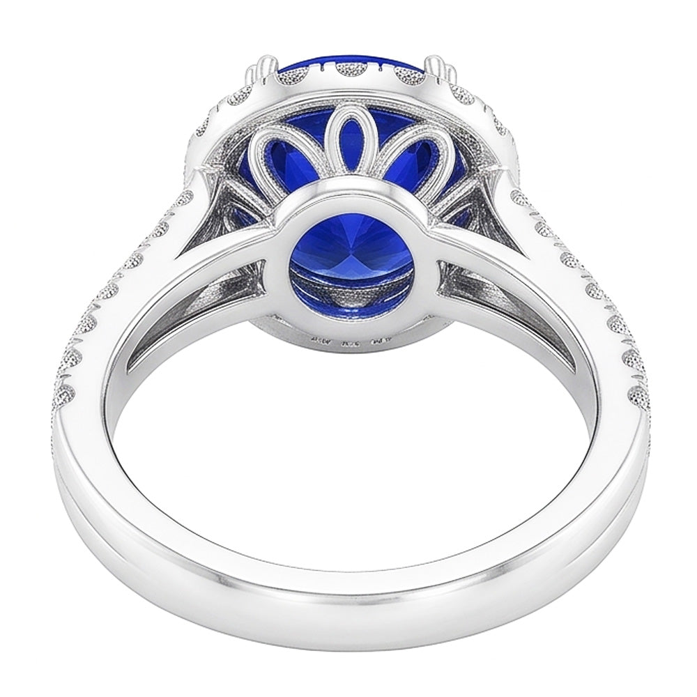 Anello con zaffiro blu a forma ovale con diamante a gambo diviso 5 carati