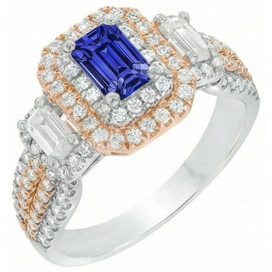 Anello con zaffiro blu bicolore doppio alone con smeraldo e diamanti 4 carati