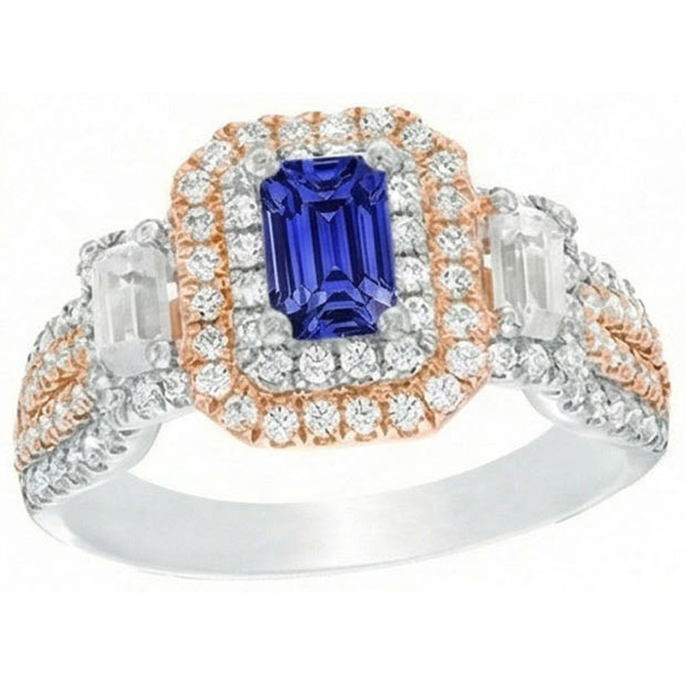 Anello con zaffiro blu bicolore doppio alone con smeraldo e diamanti 4 carati