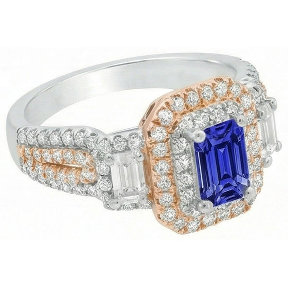 Anello con zaffiro blu bicolore doppio alone con smeraldo e diamanti 4 carati