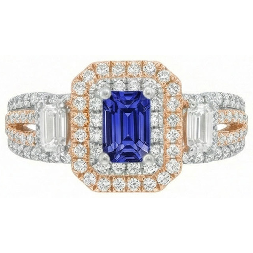 Anello con zaffiro blu bicolore doppio alone con smeraldo e diamanti 4 carati